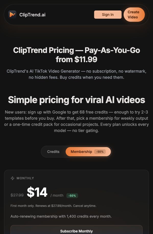 ClipTrend 定价页截图