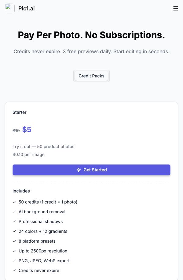 Pic1.ai 定价页截图